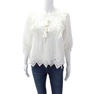 Bell Womens Cotton Eyelet Y-Neck 3/4 Sleeve Blouse Top White Size XS